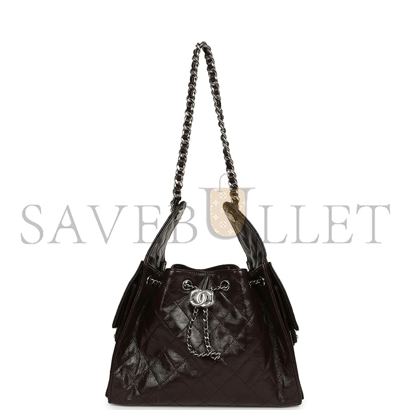 CHANEL MASTER SMALL 25 HOBO BAG DARK BROWN SHINY AGED CALFSKIN SILVER HARDWARE AS5293  (30*26*14cm)